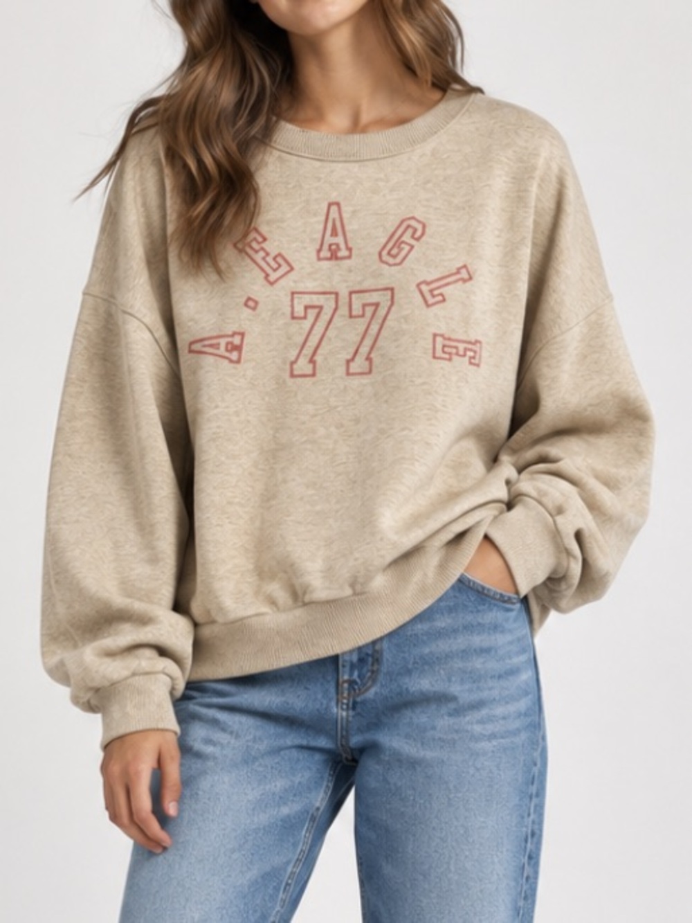 American Eagle Logo Slouchy Crewneck Pullover Oversized Sweatshirt Tan XL